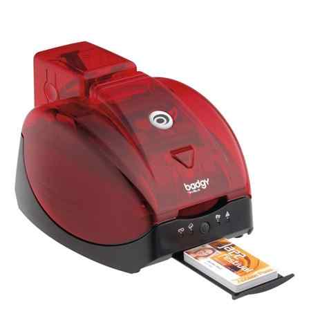 A red Evolis Badgy card printer with a card partially inserted into the printing slot.